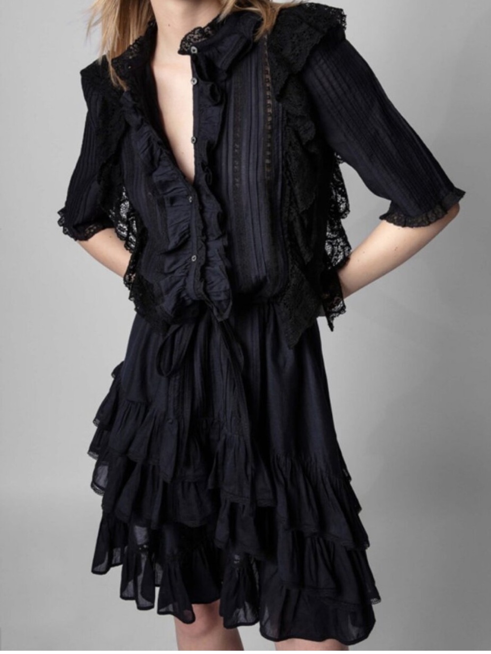 Zadig & Voltaire Ranky Noir Ruffle Lace Pleated Flare Dress in Black Size S